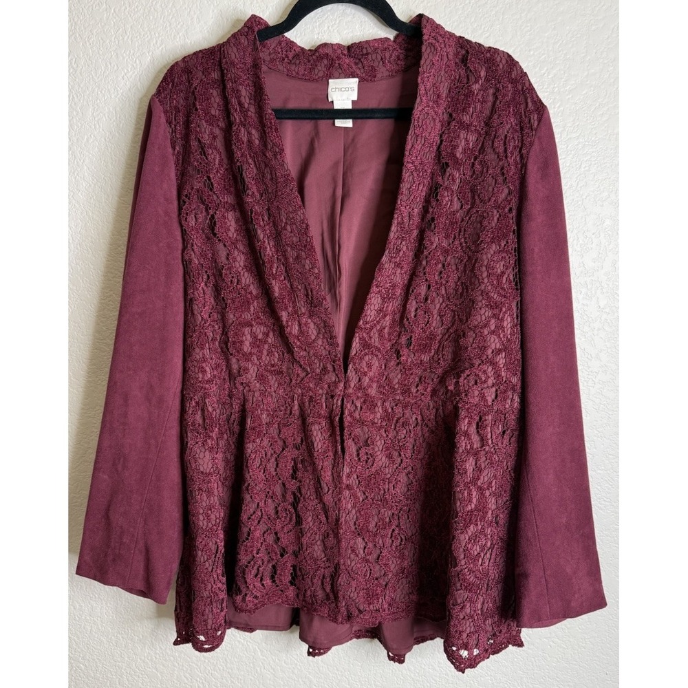 Chicos 3 US XL Womens Burgundy Lace Jacket Blazer Faux‎ Suede Preppy Party Boho